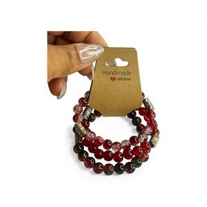 Handmade Red and Green Beaded Bracelet Set